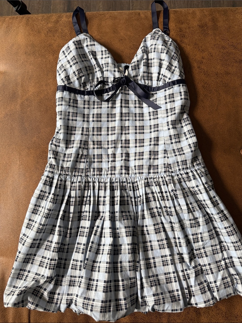 Girls White and Black Plaid Sundress with Navy Trim